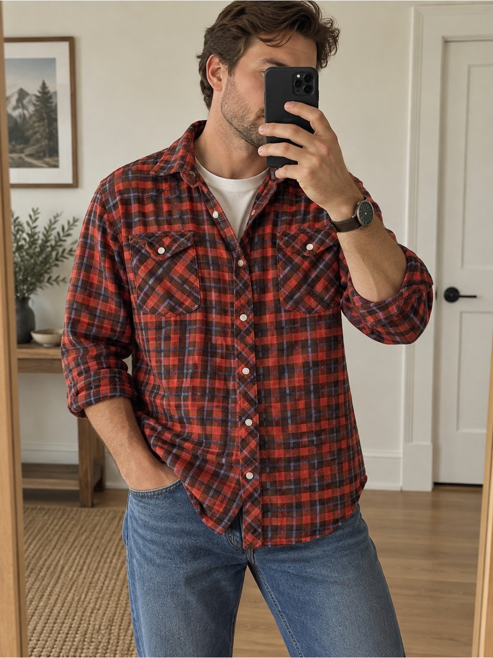 Cactus Red and Black Plaid Button-Down Flannel Shirt